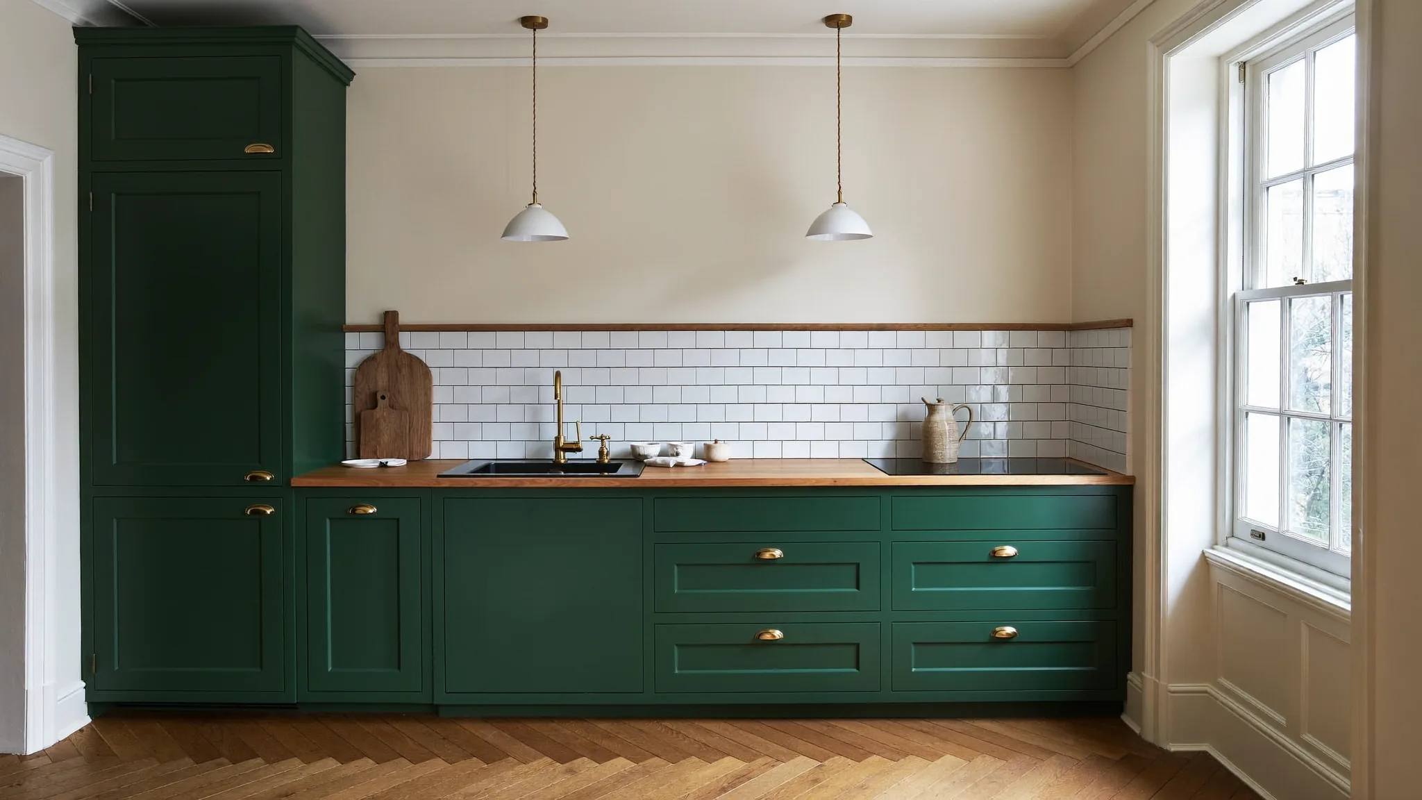The same kitchen after: green shaker units, oak worktop, white metro tiles, herringbone floor