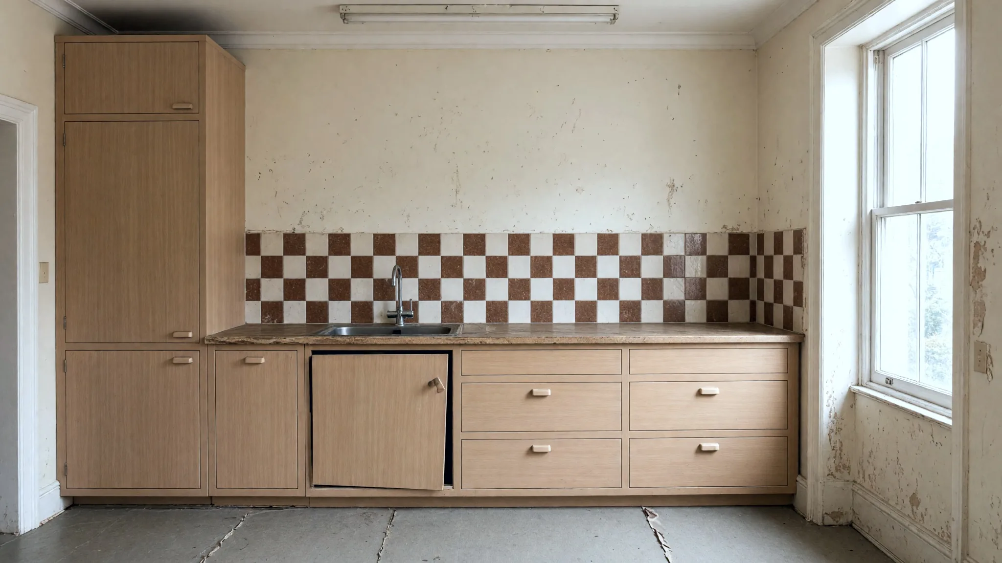 The kitchen before: worn beech units, a broken door, checked tiles, peeling walls